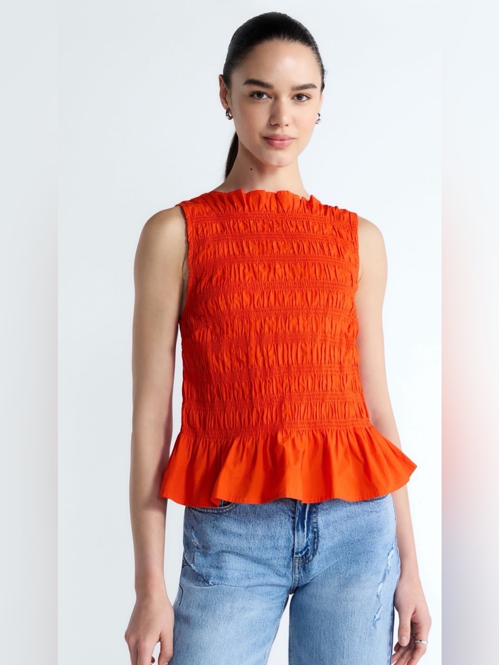 (498)Women's Smocked Peplum Top - Bright Orange